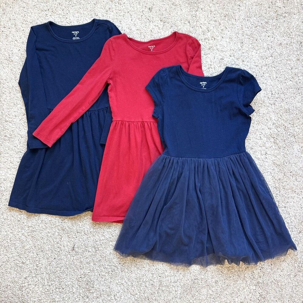 Carter's Bundle Of 3 Girl Dresses Size 7 Blue Cotton Floral Summer Spring Casual